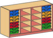 Materialcontainer vierreihig, mit 2 x 8 flachen Schubladen