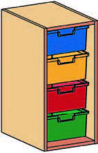 Materialcontaineraufsatz 1-reihig, 1 Modulbox mit 4 tiefen Schubladen