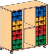 Materialcontainer fahrbar 3 reihig 2 Modulboxen mit je 8 flachen Schubladen