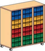 Materialcontainer fahrbar 3 reihig 3 Modulboxen mit je 8 flachen Schubladen