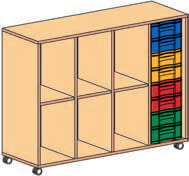 Materialcontainer fahrbar 4-reihig 1 Modulbox mit je 8flachen Schubladen