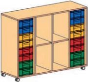 Materialcontainer fahrbar 4-reihig 2 Modulboxen mit je 8 flachen Schubladen