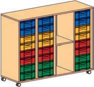 Materialcontainer fahrbar 4-reihig 3 Modulboxen mit je 8 flachen Schubladen