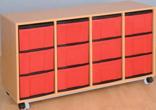 Materialcontainer fahrbar, 4-reihig, 4 Modulboxen mit je 3 hohen Schubladen
