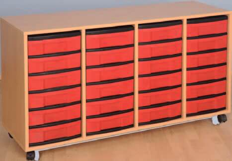 Materialcontainer fahrbar, 4-reihig, 4 Modulboxen mit je 6 flachen Schubladen