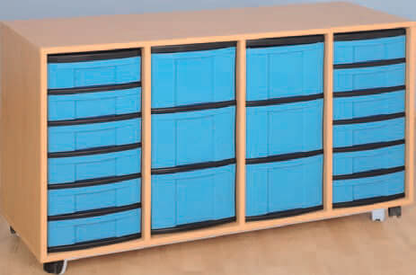 Materialcontainer fahrbar, 4-reihig, je 2 Modulboxen mit je 3 hohen und 6 flachen Schubladen